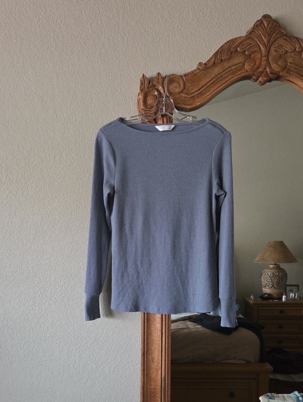 Lauren Conrad Blue Ribbed Long Sleeve Top With Button Cuff
